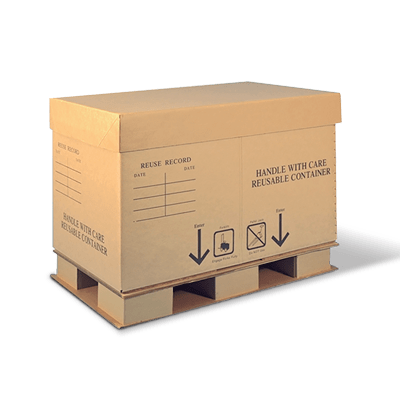 A brown Cordeck corrugated container sitting on a shipping pallet.