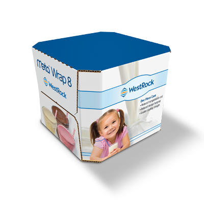 A large white and blue Meta Wrap 8 container for pediatric milk.