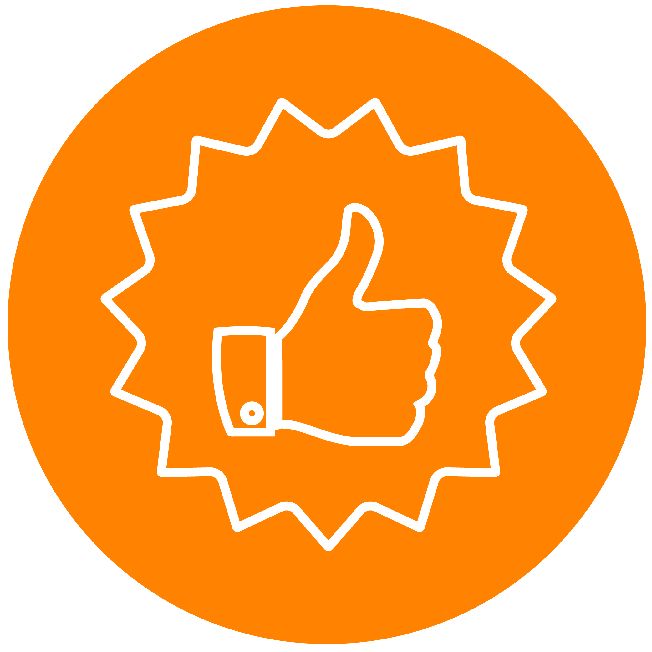 Icono de pulgar blanco sobre fondo naranja