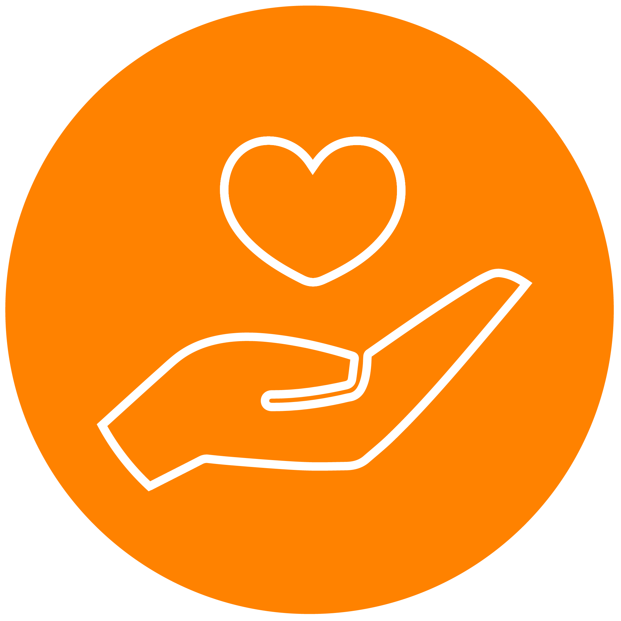 White hand holding heart icon on orange background