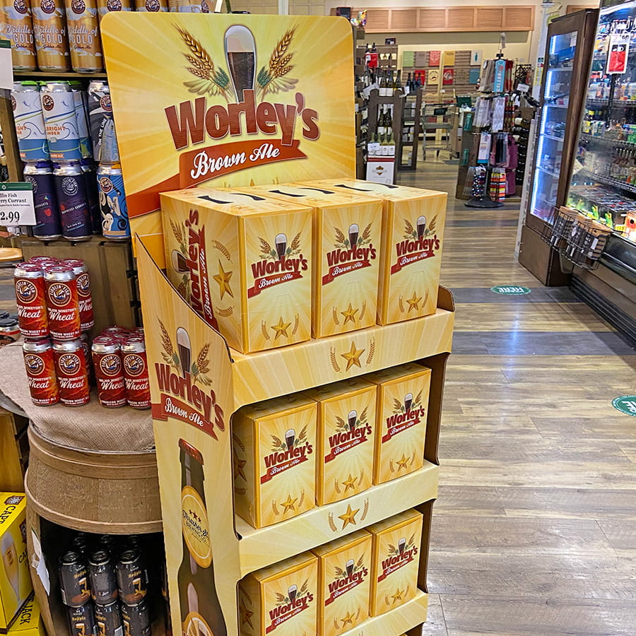 An in-store display of Worley's Brown Ale