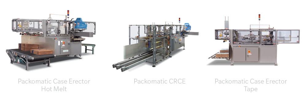 Trois images du monteur de caisses Packomatic, du CRCE et des machines à ruban adhésif.