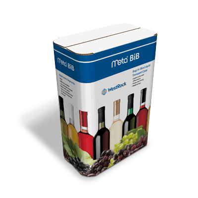 A tall white and blue Meta Bag in Box (BiB) container for wine.