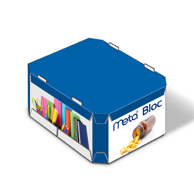 Un conteneur Meta Bloc plat, blanc et bleu.