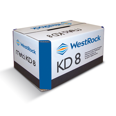 A white and blue Meta KD8 corrugated container.