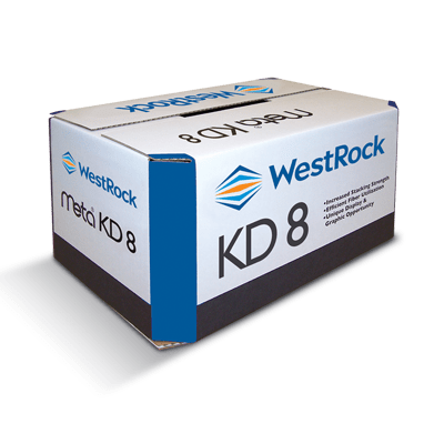 A white and blue Meta KD8 corrugated container.