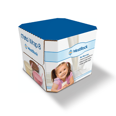 A large white and blue Meta Wrap 8 container for pediatric milk.