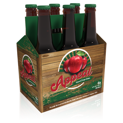 A rendering of Appeal hard cider folding carton packaging for bottles.