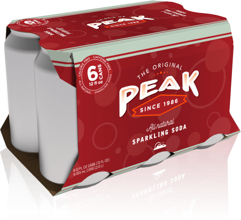 A rendering of Peak sparking soda folding carton packaging for cans.