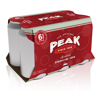 Rendu du conditionnement en carton pliable de Peak Soda pour les cannettes.