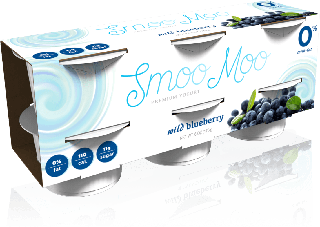 A rendering of Smoo Moo yogurt folding carton packaging for cups.
