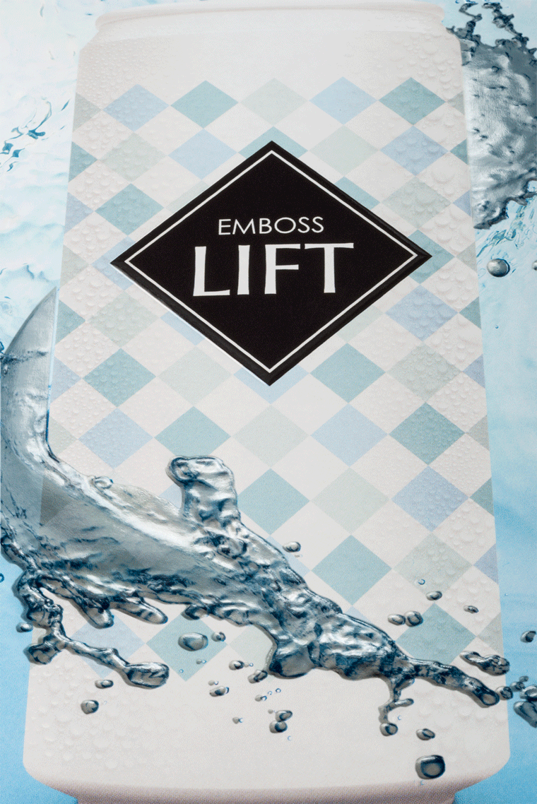 A close up of a white and blue Lift beverage package.