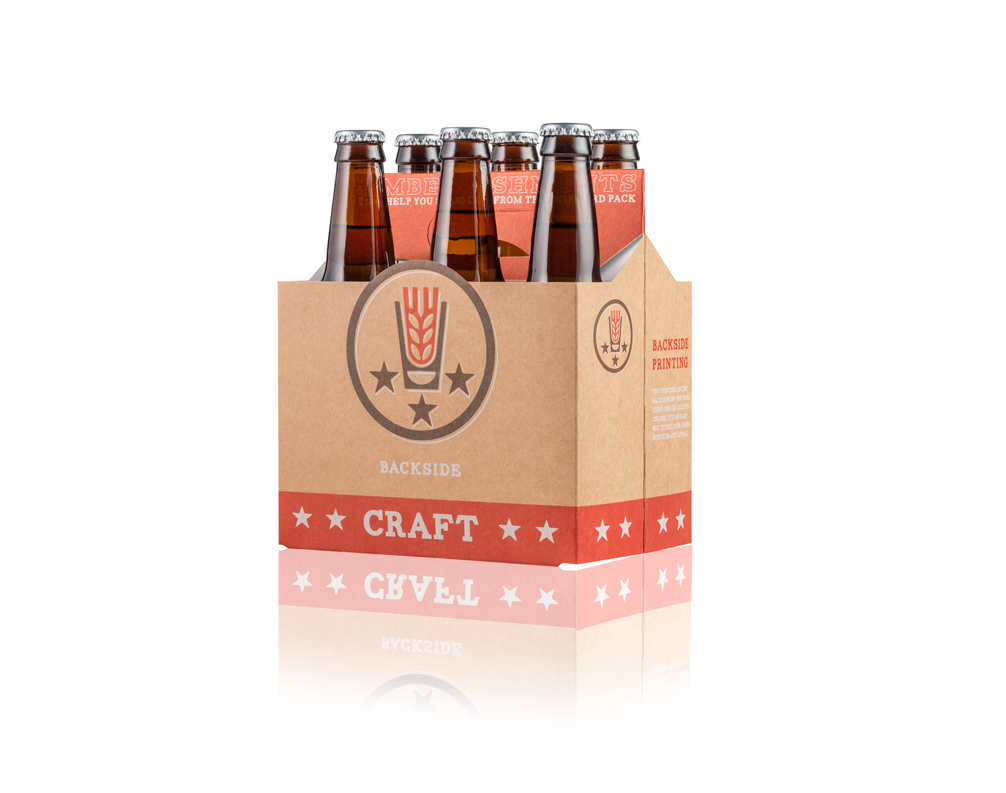 A brown and red craft beer folding carton, holding six bottles.