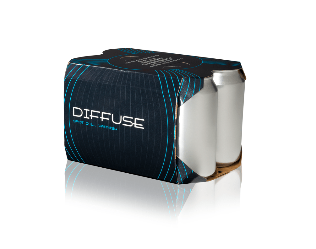 A blue and black Diffuse folding carton holding six silver cans.