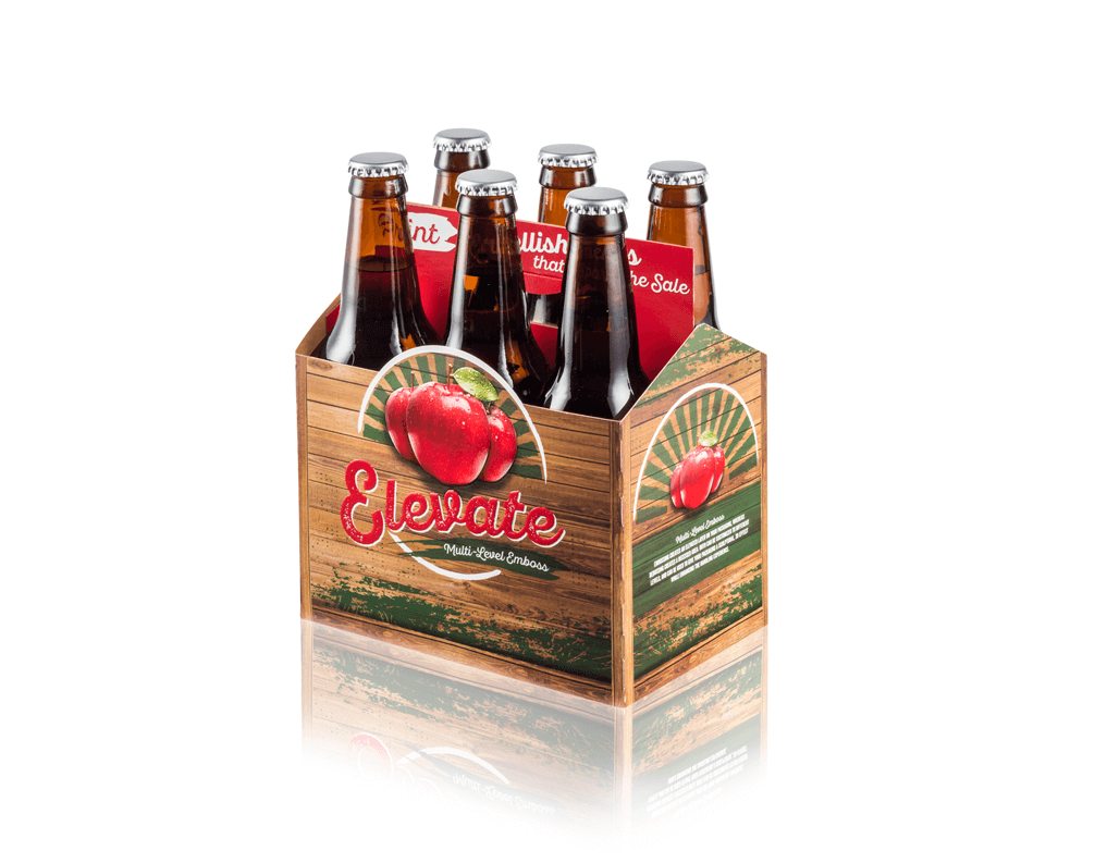 A brown and red folding carton for Elevate beer, holding six bottles.
