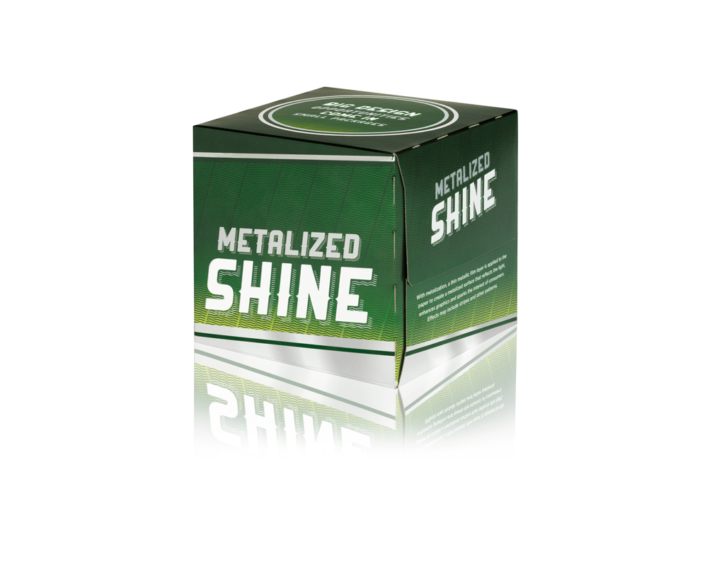 A silver and green Metalized Shine folding carton for cans and bottles.