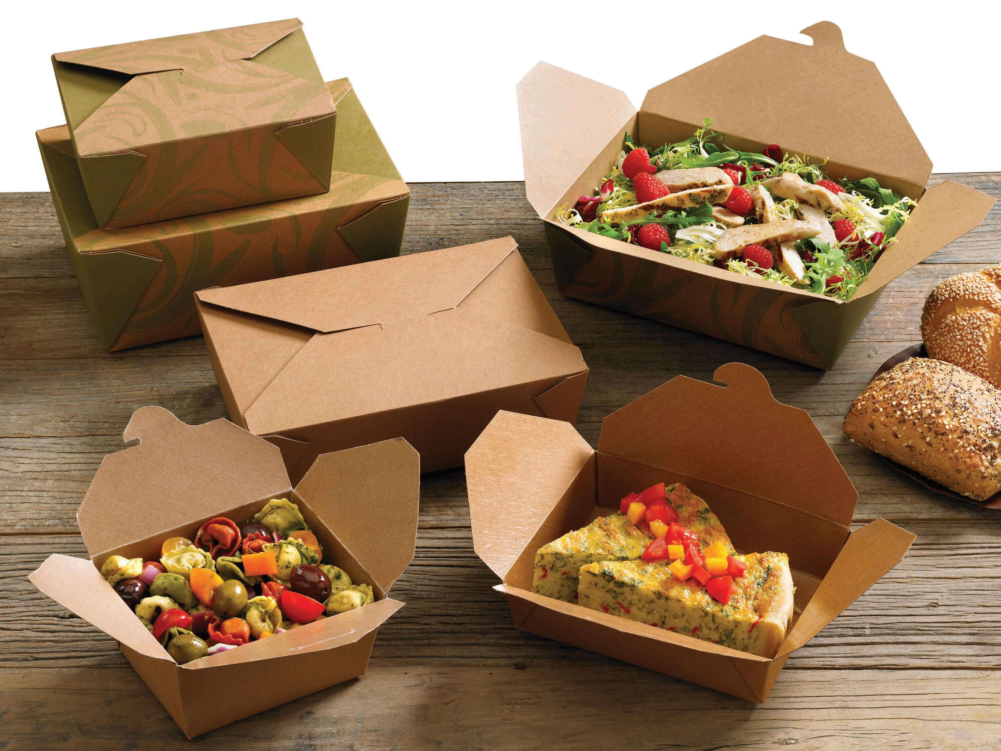A group of brown Bio-Plus earth folding carton containers holding food.