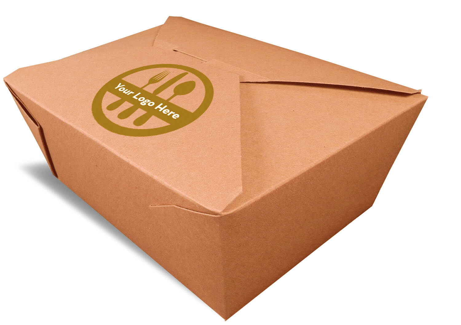 Uma renderização em marrom de um recipiente de papelão dobrável Bio-Plus Earth fechado com um logotipo impresso.