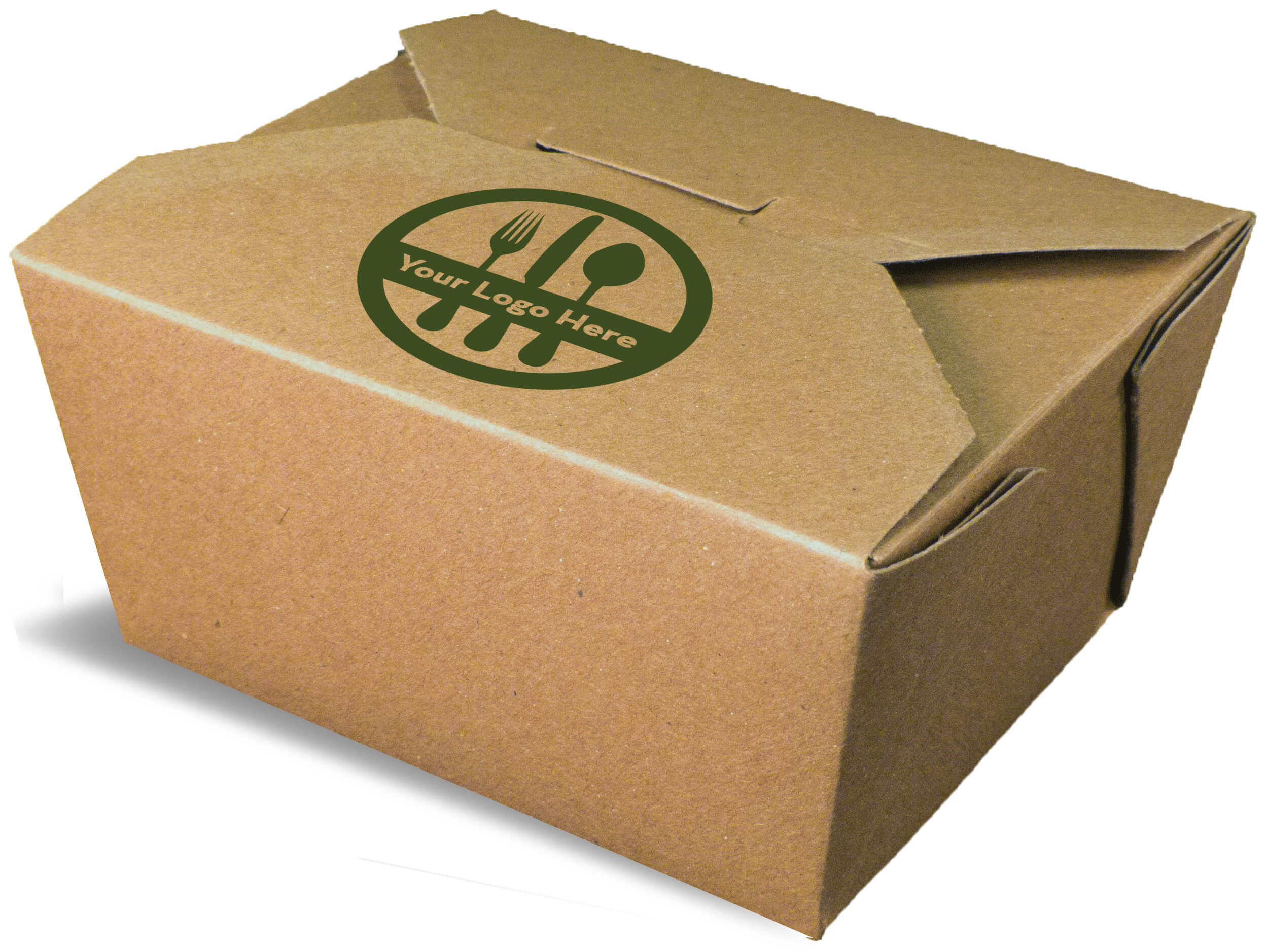 Uma renderização em marrom de um recipiente de papelão dobrável Bio-Plus Terra II com um logotipo impresso.