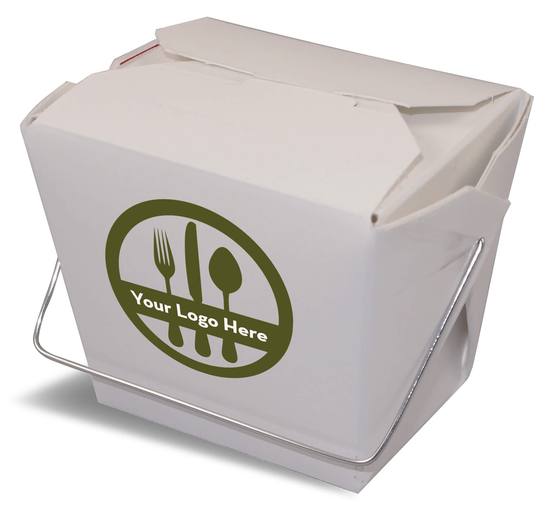 Uma renderização de uma caixa dobrável para comida chinesa Fold-Pak com logotipo impresso.