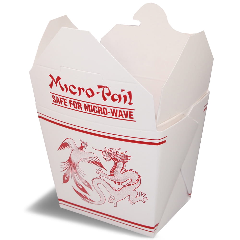 Uma renderização de uma caixa dobrável aberta para comida chinesa  Fold-Pak com logotipo impresso em vermelho.