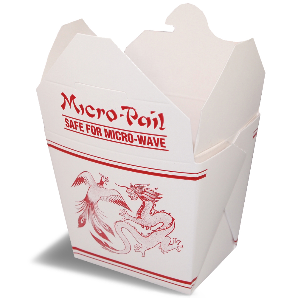 A rendering of an open Fold-Pak Chinese food folding carton container with a red printed logo.