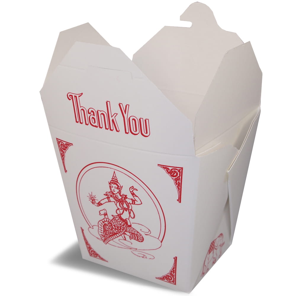 Uma renderização de uma caixa dobrável para comida tailandesa Fold-Pak aberto com logotipo impresso em vermelho.