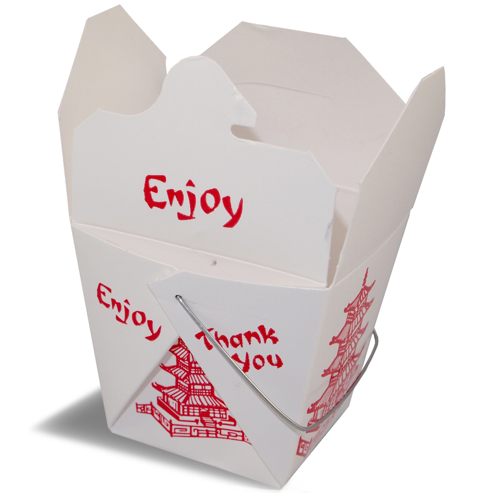 Uma renderização de um contêiner de caixa dobrável para comida tailandesa Fold-Pak com alça de metal.