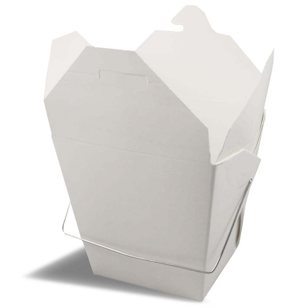Uma renderização de um contêiner de caixa dobrável para comida tailandesa Fold-Pak com alça de metal.