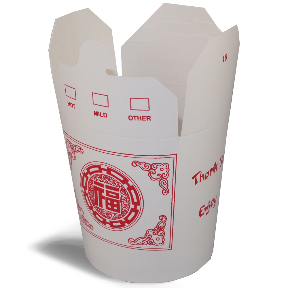 Um recipiente para alimentos de caixa dobrável SmartServ aberta para comida chinesa.