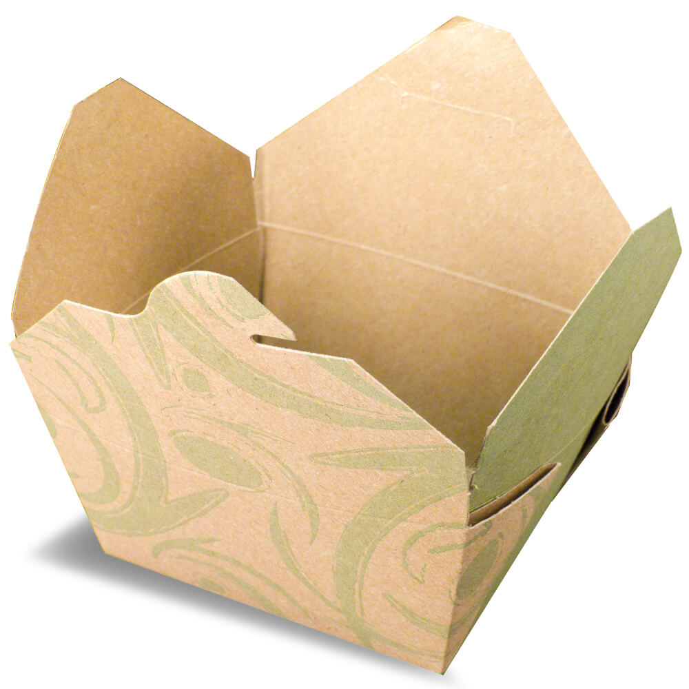 A brown rendering of an Bio-Plus earth folding carton container with printed graphics.
