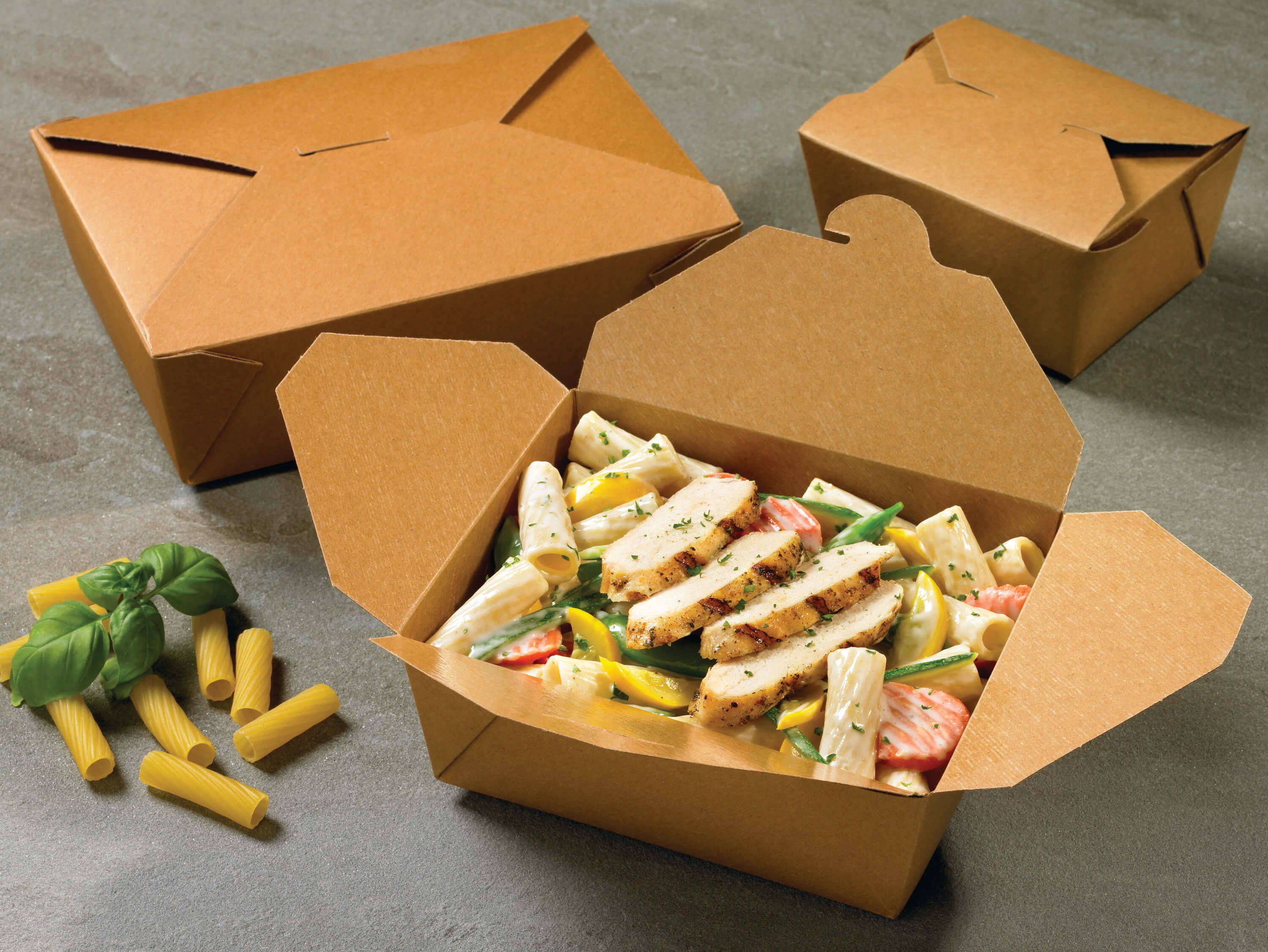 A group shot of Bio-Plus Terra II folding carton containers holding food.
