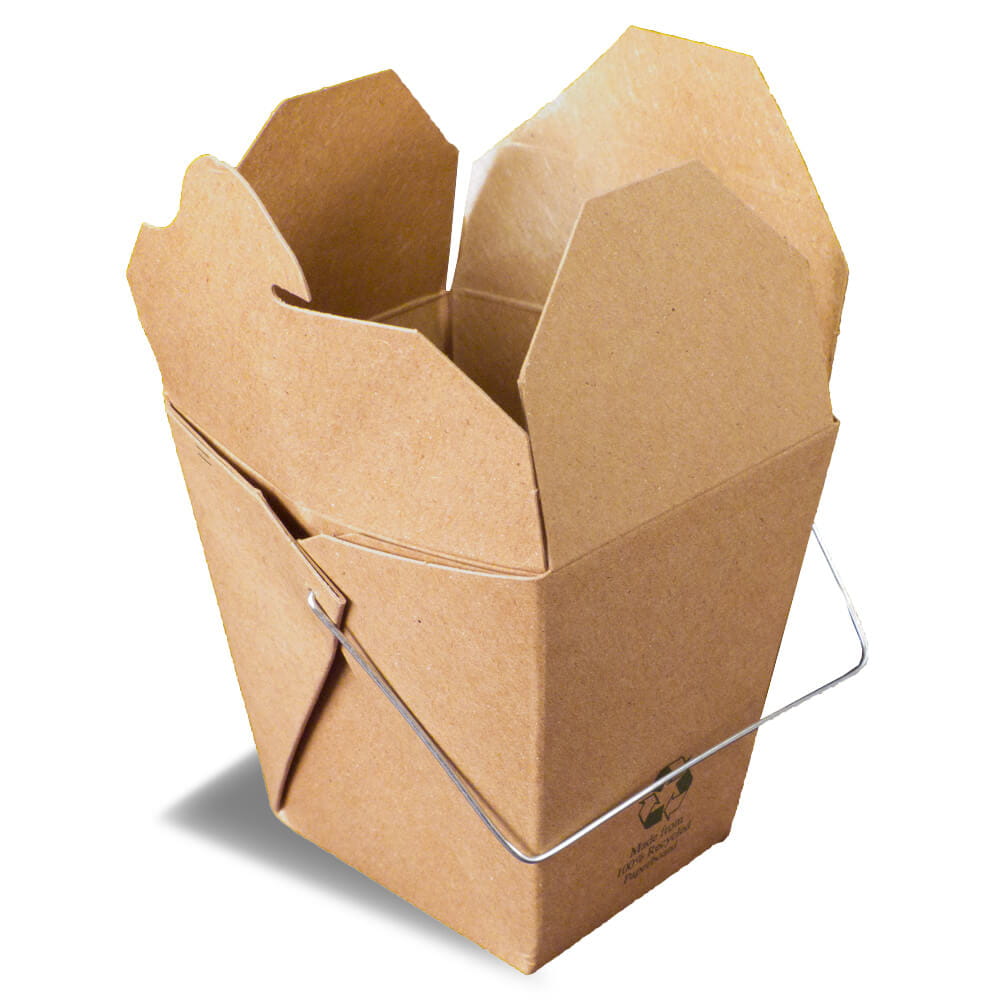 A rendering of an open Fold-Pak Earth folding carton container with a a holding wire.